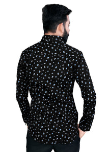 Black & Skyblue Printed Textured Cotton Shirt