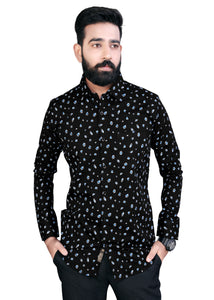 Black & Skyblue Printed Textured Cotton Shirt