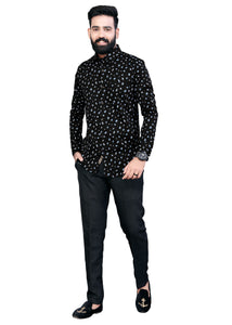 Black & Skyblue Printed Textured Cotton Shirt