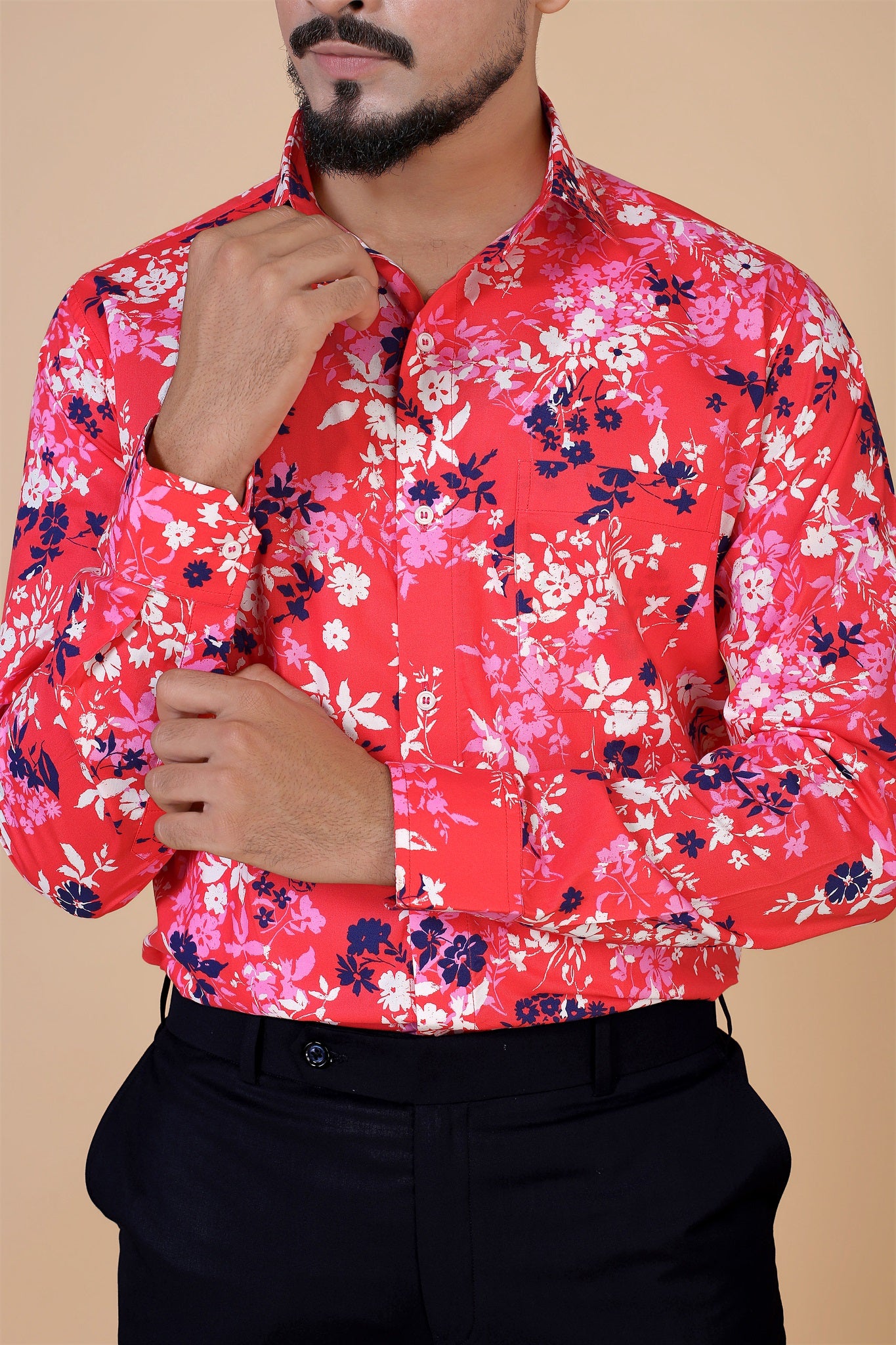 Flamingo Pink with Royal Blue and White Flower Printed Cotton Shirt