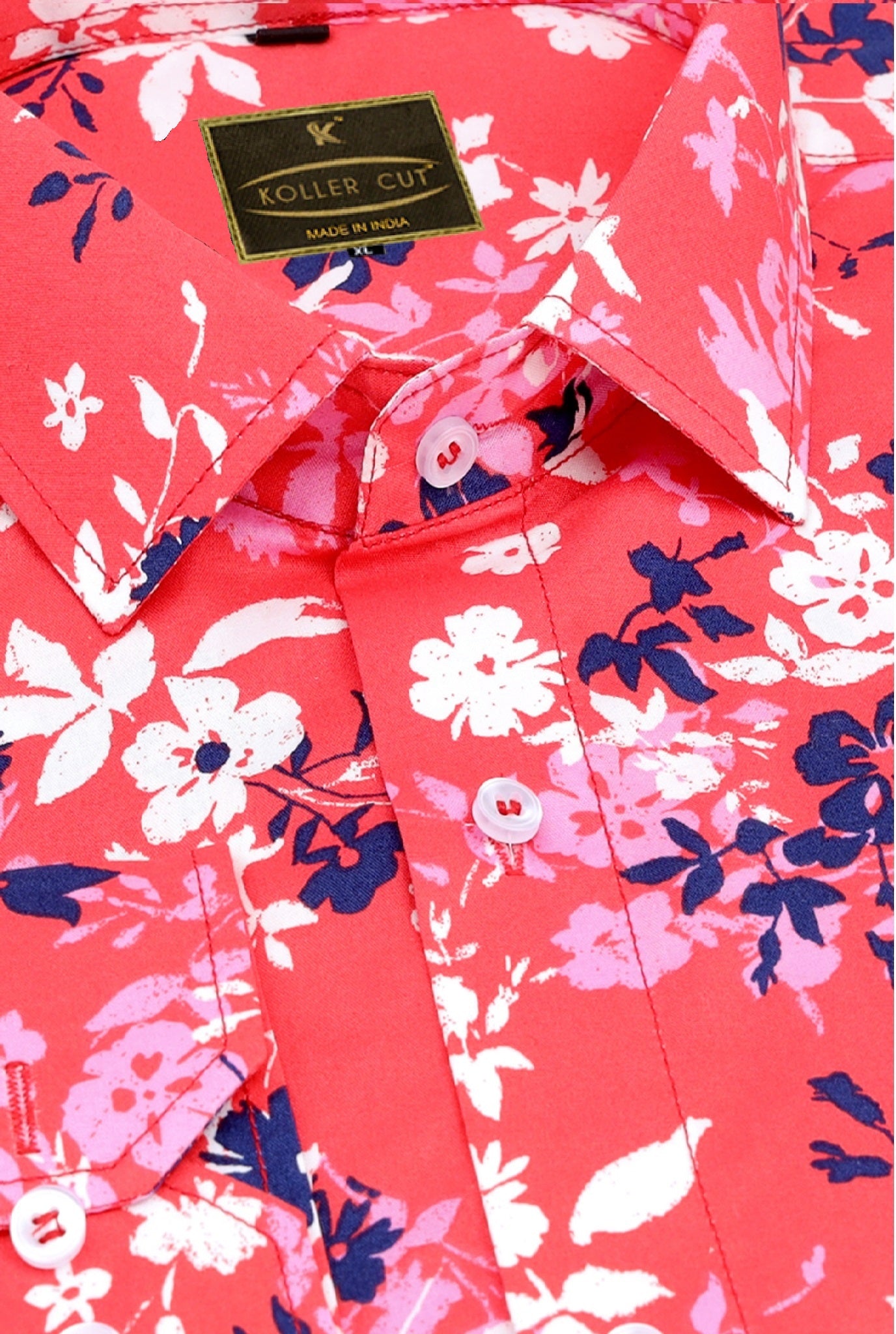 Flamingo Pink with Royal Blue and White Flower Printed Cotton Shirt