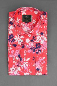 Flamingo Pink with Royal Blue and White Flower Printed Cotton Shirt