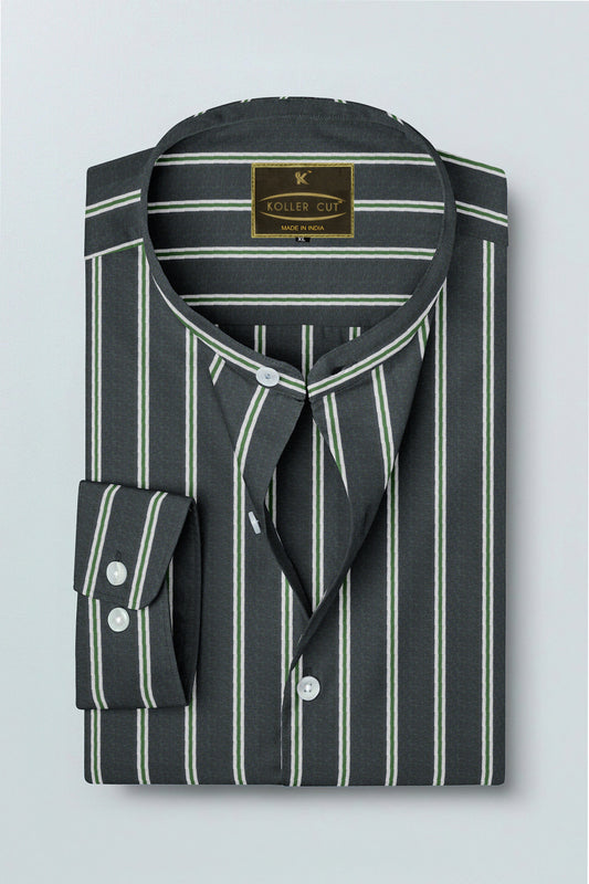 Iron Grey with Green Mandarin Double Stripes Cotton Shirt