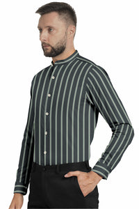 Iron Grey with Green Mandarin Double Stripes Cotton Shirt