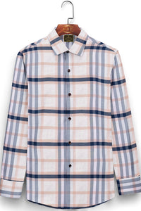 White with Salmon Pink and Navy Plaid Mens Cotton Shirt