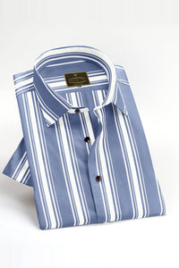 White with Pewter Blue Multitrack Stripes Mens Cotton Shirt