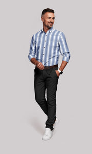 White with Pewter Blue Multitrack Stripes Mens Cotton Shirt