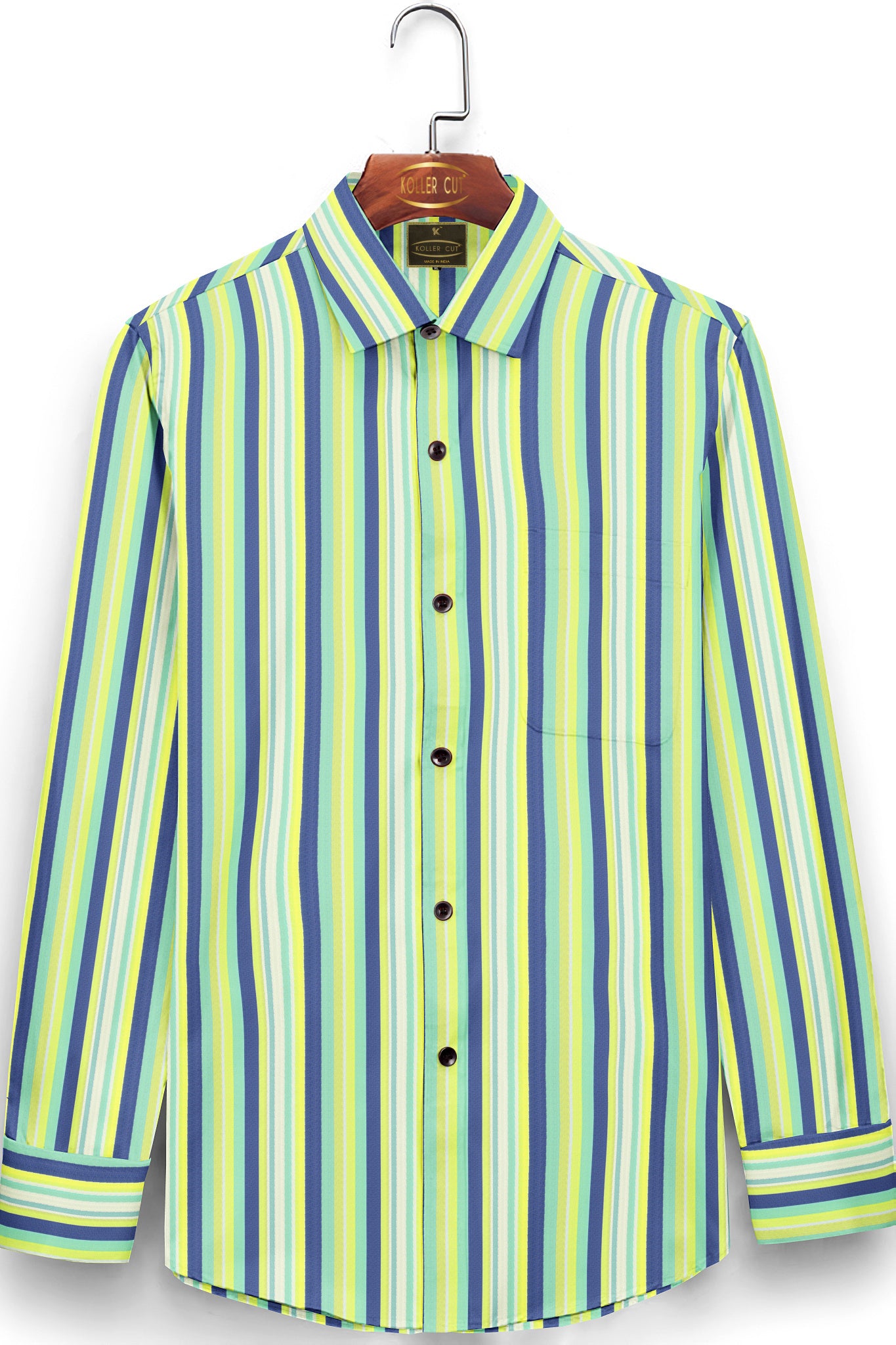 White with Navy and Mint Green,Yellow Multicolored Multitrack Stripes Mens Cotton Shirt