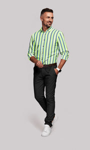 White with Navy and Mint Green,Yellow Multicolored Multitrack Stripes Mens Cotton Shirt