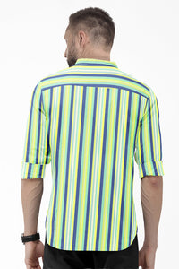 White with Navy and Mint Green,Yellow Multicolored Multitrack Stripes Mandarin Cotton Shirt
