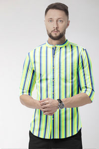 White with Navy and Mint Green,Yellow Multicolored Multitrack Stripes Mandarin Cotton Shirt