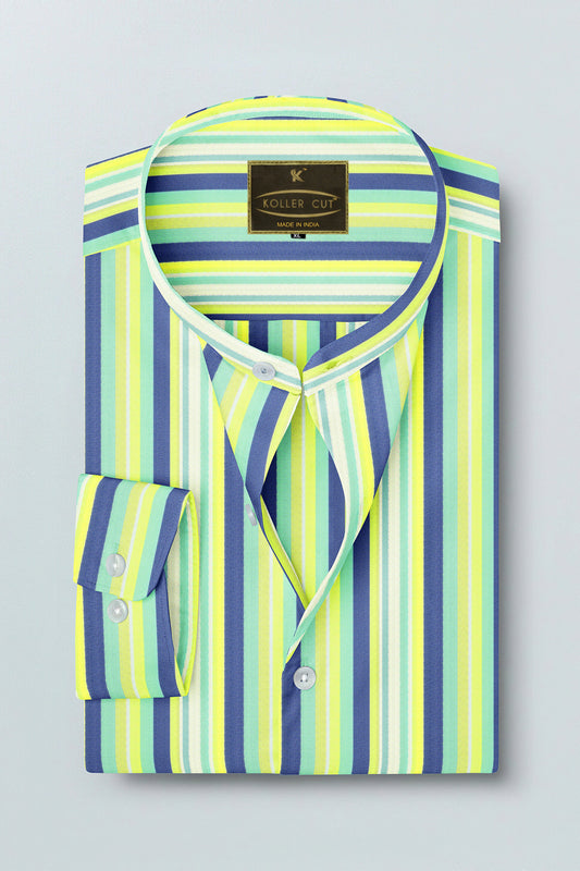 White with Navy and Mint Green,Yellow Multicolored Multitrack Stripes Mandarin Cotton Shirt