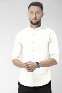 Bright White Mandarin Collar Luxurious Linen Shirt