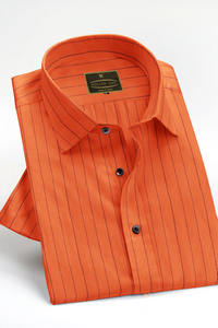Orange with Black Pinstriped Regular Cotton Fit Full-Sleeve Shirt