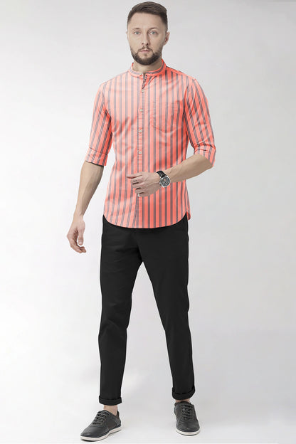 Amber Peach with Steel Grey Mandarin Collar Double Striped Men's Cotton Shirt - Contrast Stitch Shirt in Hyderabad India