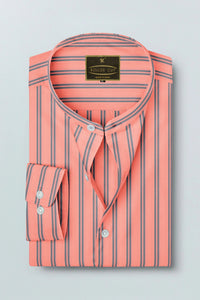 Amber Peach with Steel Grey Mandarin Collar Double Striped Men's Cotton Shirt