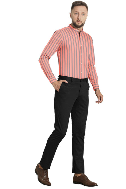 Amber Peach with Steel Grey Mandarin Collar Double Striped Men's Cotton Shirt - Contrast Stitch Shirt in Hyderabad India