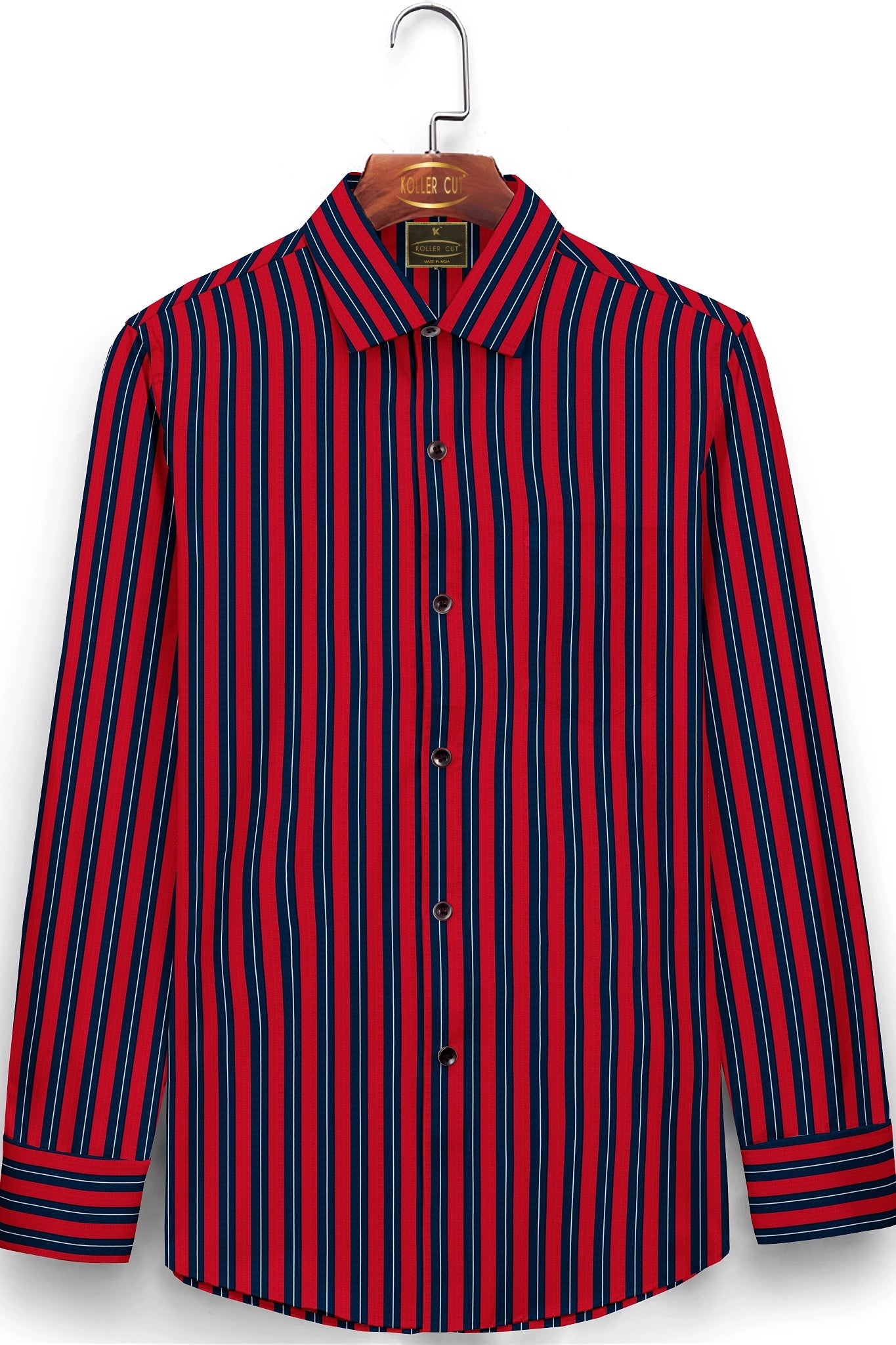 Cherry Red with Navy and White Stripe Men's Cotton Shirt