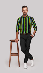 Navy with Shamrock Green, White and Fire Yellow Wide Stripes Men's Cotton Shirt