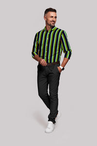 Navy with Shamrock Green, White and Fire Yellow Wide Stripes Men's Cotton Shirt