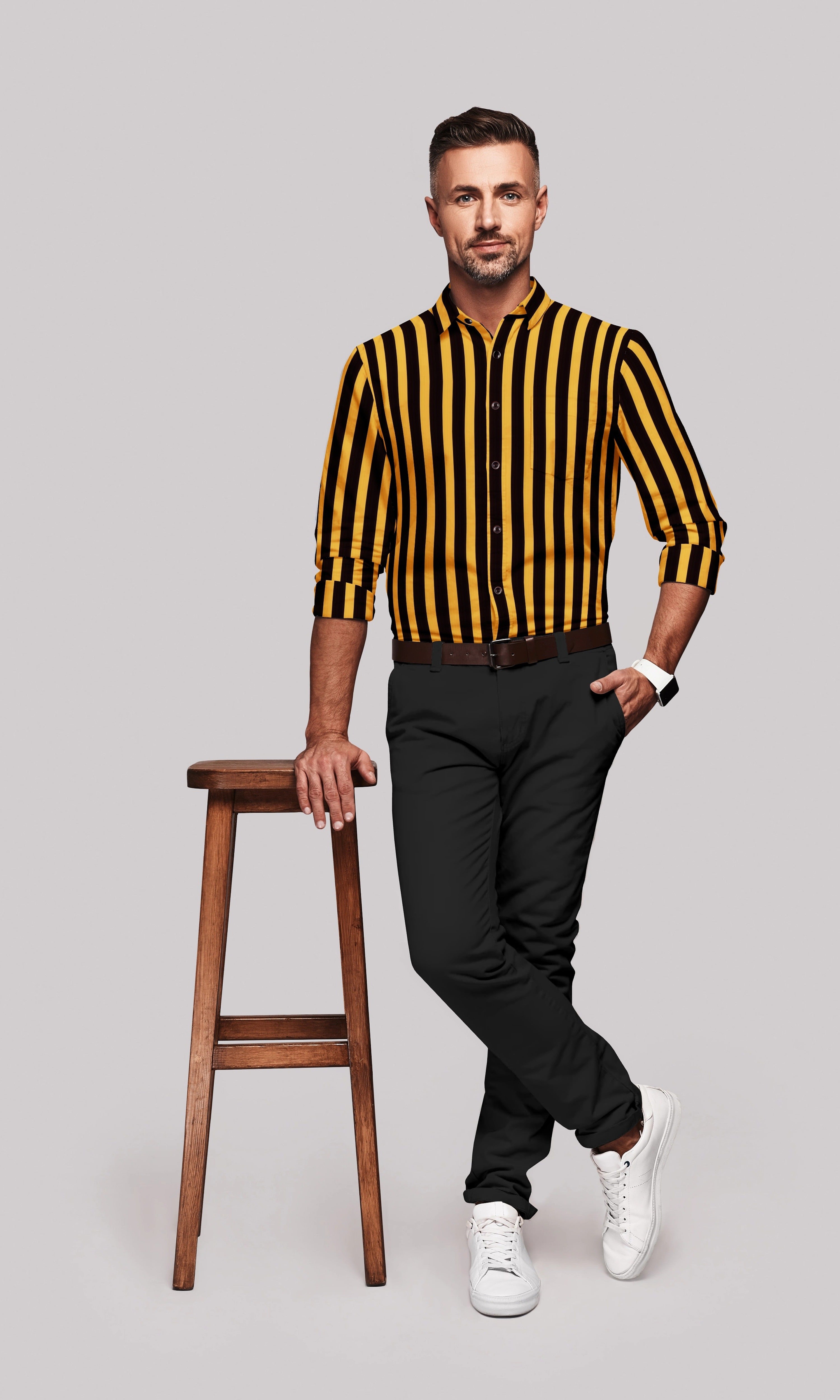 Yellow striped shirt outfit mens store