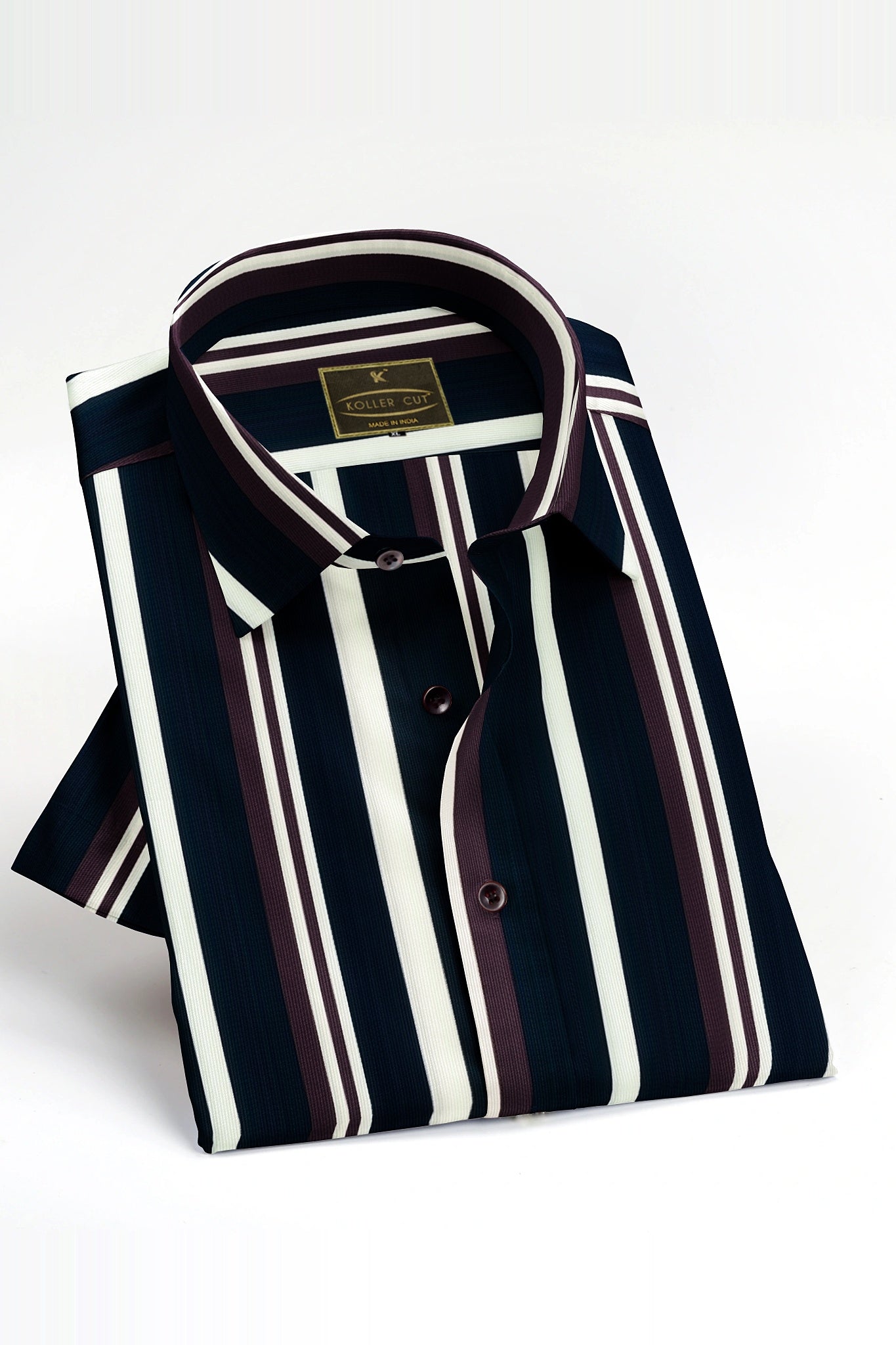 Denim Blue with Wine berry Red and White Wide Stripes Men's Cotton Shirt