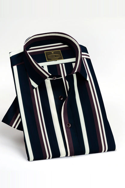 Denim Blue with Wine berry Red and White Wide Stripes Men's Cotton Shirt