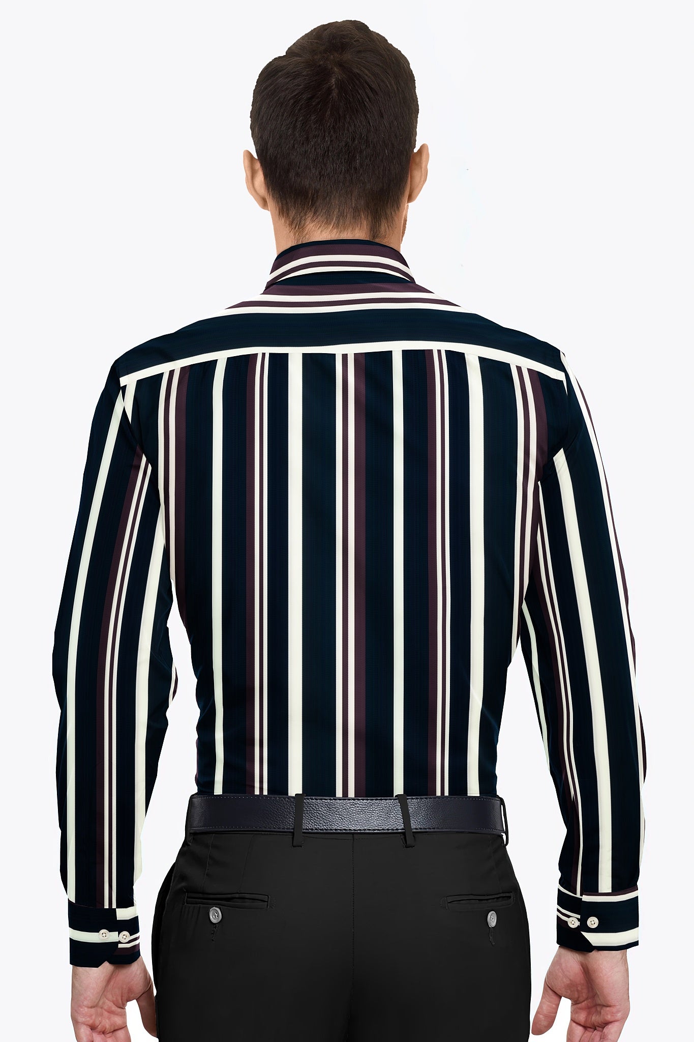 Denim Blue with Wine berry Red and White Wide Stripes Men's Cotton Shirt