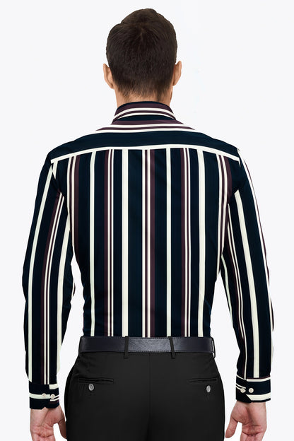 Denim Blue with Wine berry Red and White Wide Stripes Men's Cotton Shirt