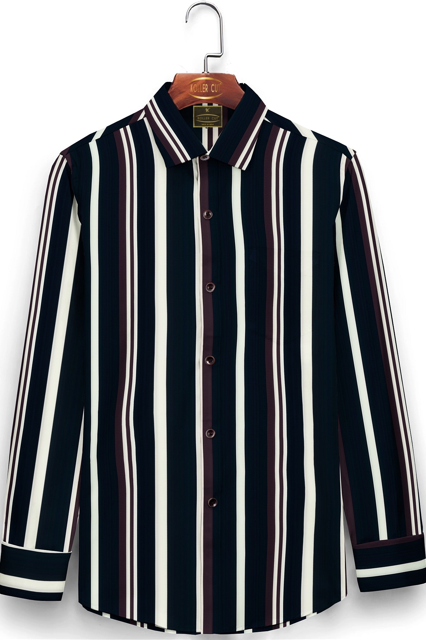 Denim Blue with Wine berry Red and White Wide Stripes Men's Cotton Shirt