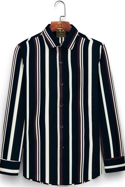 Denim Blue with Wine berry Red and White Wide Stripes Men's Cotton Shirt