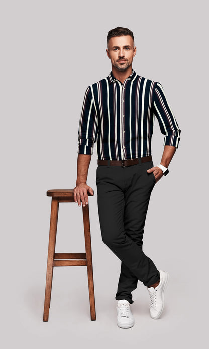 Denim Blue with Wine berry Red and White Wide Stripes Men's Cotton Shirt