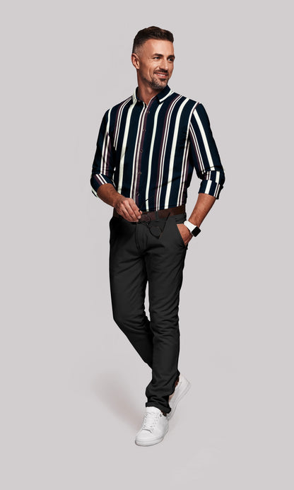 Denim Blue with Wine berry Red and White Wide Stripes Men's Cotton Shirt