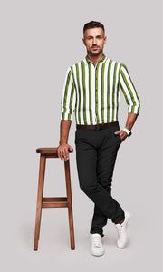 White with Moss green and Navy Wide Double Stripes Men's Cotton Shirt