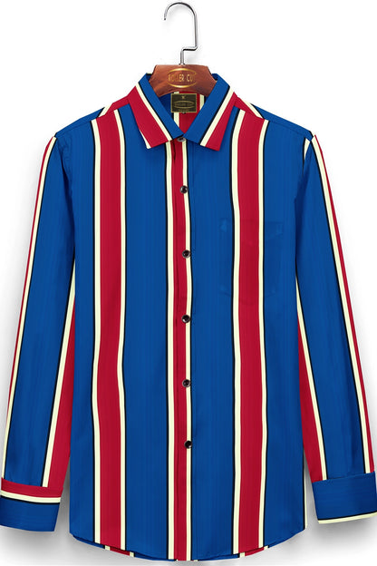 Sapphire Blue with Raspberry Red, Black & White Club Stripes  Men' s Cotton Shirt