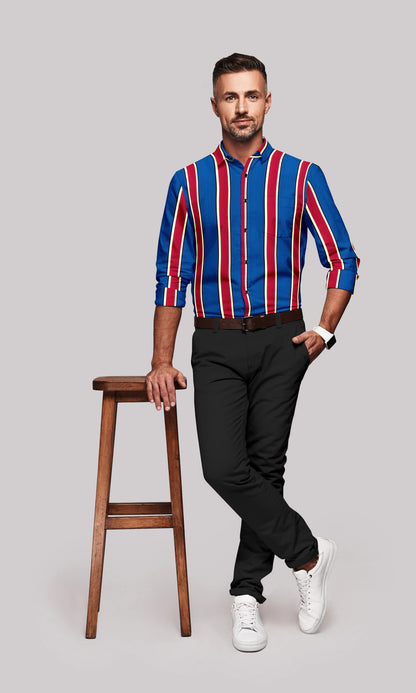 Sapphire Blue with Raspberry Red, Black & White Club Stripes  Men' s Cotton Shirt