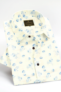 Ivory White with Sapphire Flower Printed Premium Super soft Giza Cotton Shirt
