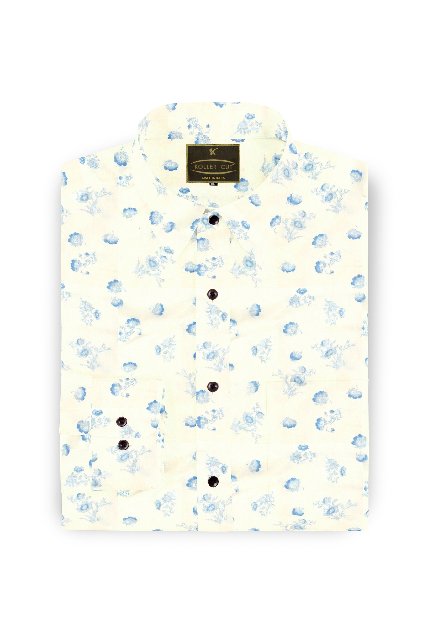 Ivory White with Sapphire Flower Printed Premium Super soft Giza Cotton Shirt