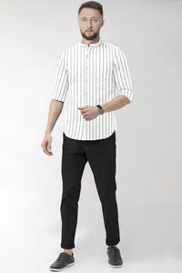 White with Ink black Mandarin Wide Pinstriped and Monstera Leaves Magic Printed Men's Cotton Shirt