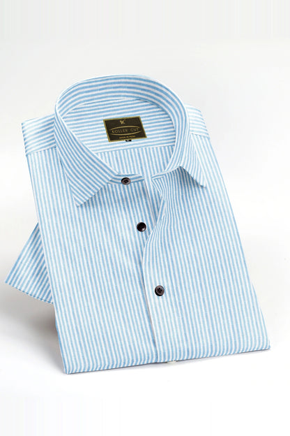 White with Sky blue Hickory Stripes Men's Cotton Linen Shirt