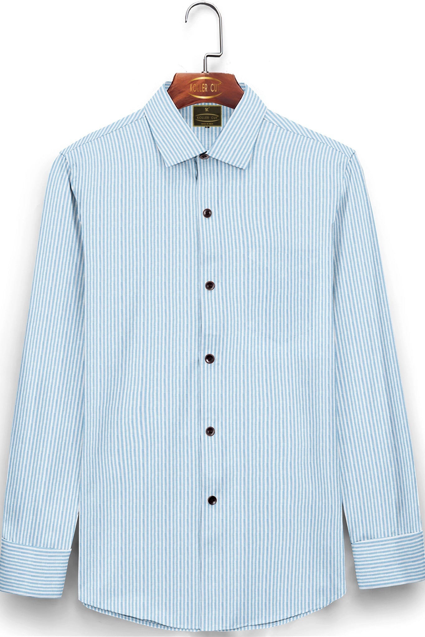 White with Sky blue Hickory Stripes Men's Cotton Linen Shirt