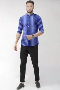 Dark Azure Blue with White Double stripes Cotton shirt