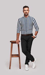 Navy and  White Wide Stripes Men's Cotton Shirt