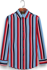 Cadmium Red and Olympic Blue Multicolored Multitrack Stripes Men's Cotton Shirt