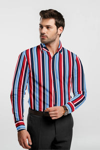 Cadmium Red and Olympic Blue Multicolored Multitrack Stripes Men's Cotton Shirt