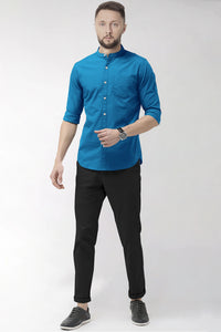 Sapphire Blue Mandarin Collar Giza Cotton Shirt
