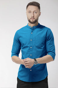 Sapphire Blue Mandarin Collar Giza Cotton Shirt