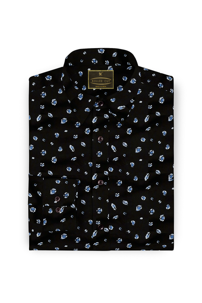 Black & Skyblue Printed Textured Cotton Shirt