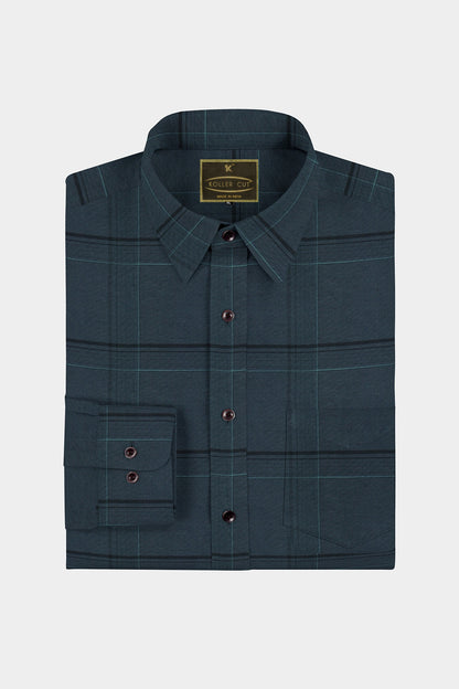 Dark Slate Gray with Black and Light Turquoise Blue Plaid Men's Cotton Shirt