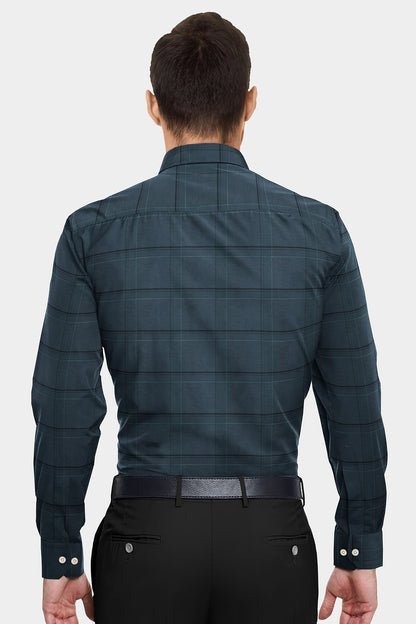 Dark Slate Gray with Black and Light Turquoise Blue Plaid Men's Cotton Shirt